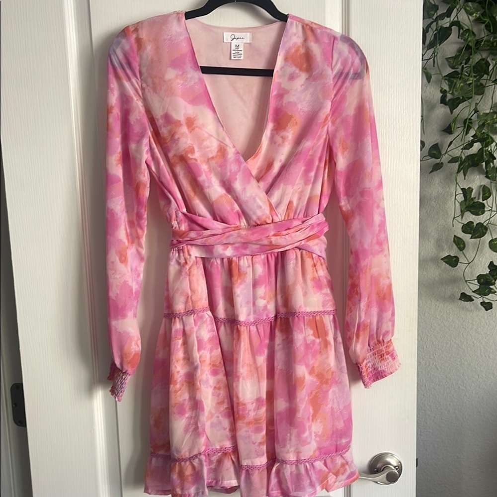 Pink & White Watercolor Babydoll Wrap Dress